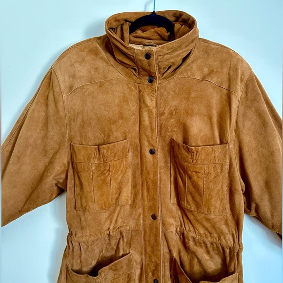 Vintage 90’s Funnel Neck Camel Oversized Retro Suede Jacket Shoulder Pads - Picture 3 of 15